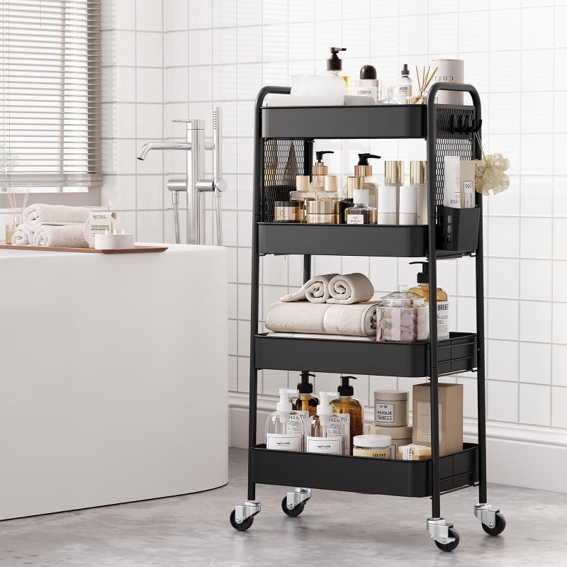 TOOLF 4 Tier Rolling Cart with Pegboard, Metal Storage Organizer Cart with Wheels, Hooks & Bins Esthetician Craft Art Sturdy Storage for Bathroom, Kitchen, Office, Nursery Diaper - Image 4