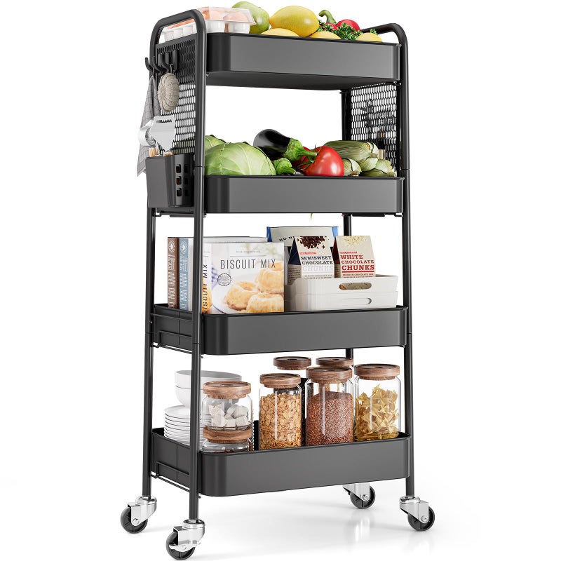 TOOLF 4 Tier Rolling Cart with Pegboard, Metal Storage Organizer Cart with Wheels, Hooks & Bins Esthetician Craft Art Sturdy Storage for Bathroom, Kitchen, Office, Nursery Diaper - Image 1