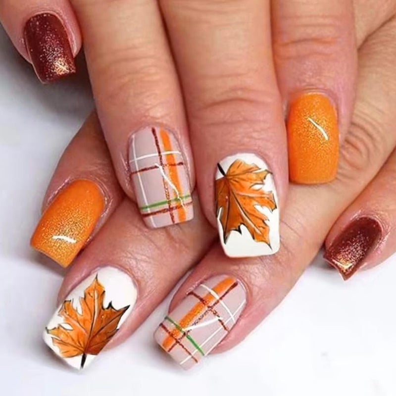 WULIUFLY Local supply chain stock 24 Pcs Fall Press on Nails Square False Nails Orange Fake Nails Glitter Maple Leaf Designs Autumn Acrylic Nails Medium Length Stick on Nails Glossy Glue on Nails Reusable Artificial Nails for Women Temp fluctuation resistant crafted quality - Image 1