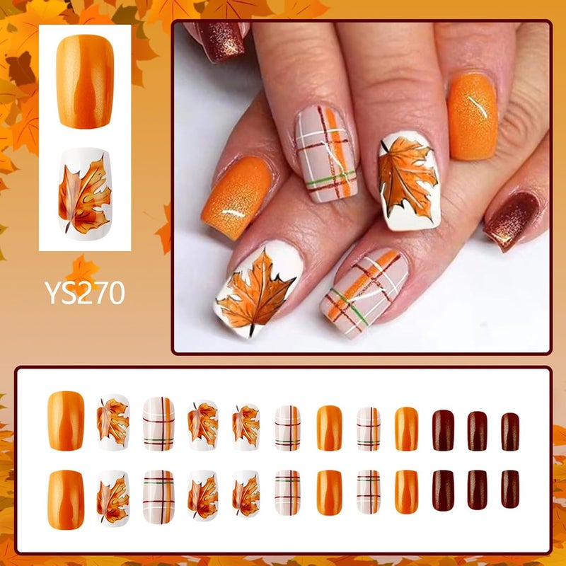 WULIUFLY Local supply chain stock 24 Pcs Fall Press on Nails Square False Nails Orange Fake Nails Glitter Maple Leaf Designs Autumn Acrylic Nails Medium Length Stick on Nails Glossy Glue on Nails Reusable Artificial Nails for Women Temp fluctuation resistant crafted quality - Image 4
