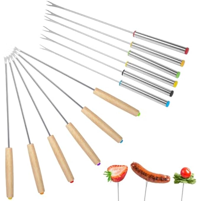 Unity Premium Fondue Forks Set With Steel  Wood Handles  12 Pcs For Cheese Chocolate Smores  Roast Meat  Durable Skewers For Fondue Parties  Gatherings  Fondue Accessories Kit - Image 1