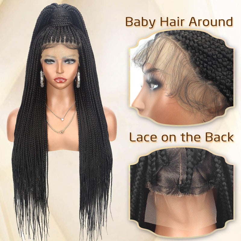 Alebery 36" Full Lace Knotless Box Braided Wigs for Black Women Twisted Braids Lace Synthetic Frontal Black Cornrow Wig with Baby Hair, Lightweight (1B) - Image 4