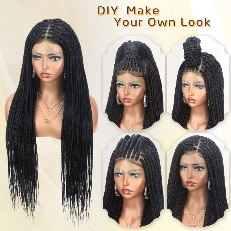 Alebery 36" Full Lace Knotless Box Braided Wigs for Black Women Twisted Braids Lace Synthetic Frontal Black Cornrow Wig with Baby Hair, Lightweight (1B) - Image 2