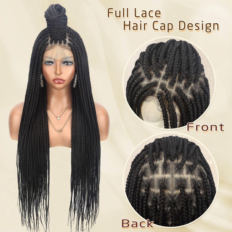 Alebery 36" Full Lace Knotless Box Braided Wigs for Black Women Twisted Braids Lace Synthetic Frontal Black Cornrow Wig with Baby Hair, Lightweight (1B) - Image 3