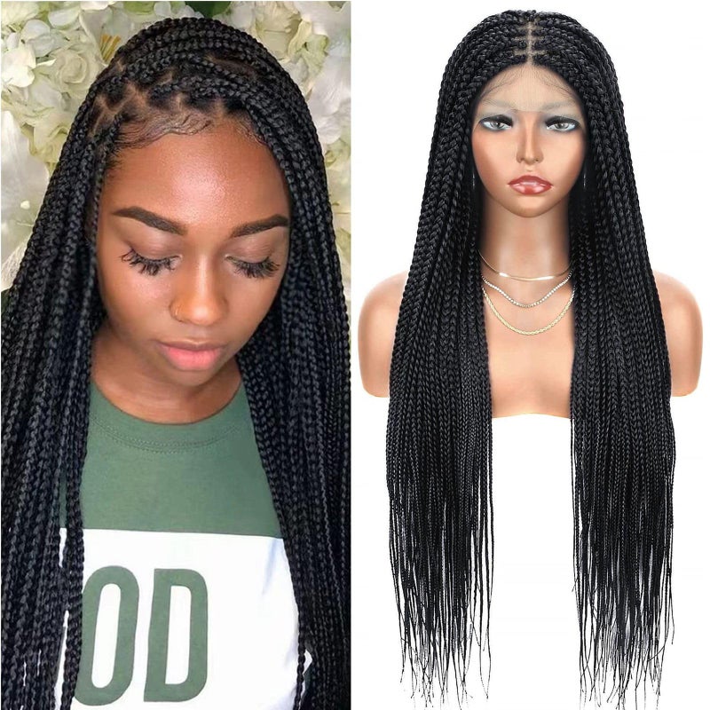 Alebery 36" Full Lace Knotless Box Braided Wigs for Black Women Twisted Braids Lace Synthetic Frontal Black Cornrow Wig with Baby Hair, Lightweight (1B) - Image 1