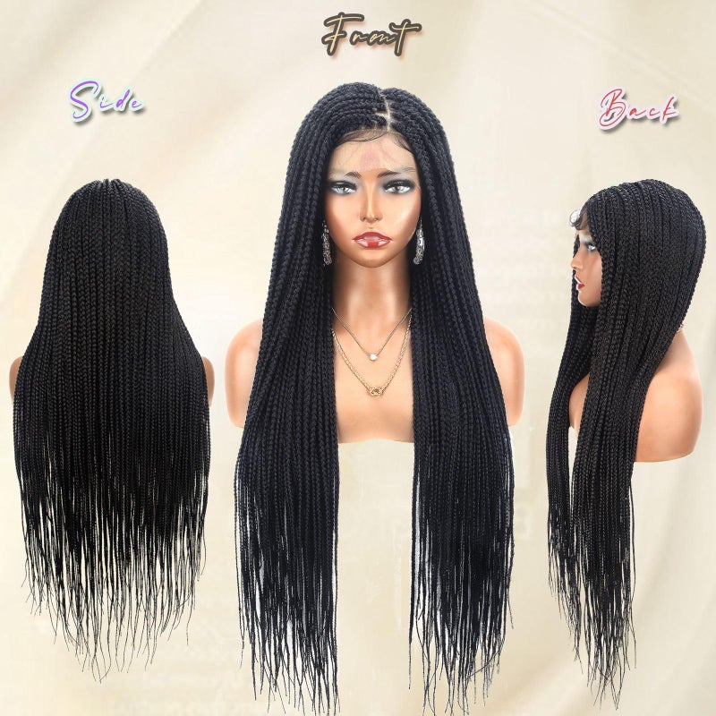 Alebery 36" Full Lace Knotless Box Braided Wigs for Black Women Twisted Braids Lace Synthetic Frontal Black Cornrow Wig with Baby Hair, Lightweight (1B) - Image 5