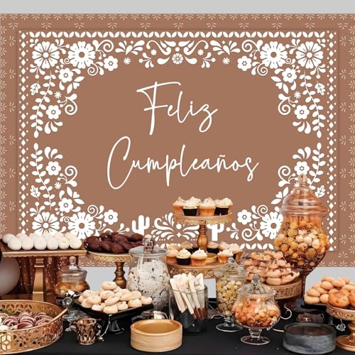 Withu Floral Feliz Cumpleaños Backdrop for Birthday Party Decorations Mexican Cake Table Wall Banner Mexico Flowers Cactus Cino De Mayo Carnival Fiesta Photography Background Brown 7x5ft - Image 2