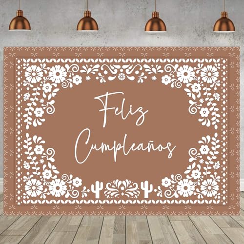 Withu Floral Feliz Cumpleaños Backdrop for Birthday Party Decorations Mexican Cake Table Wall Banner Mexico Flowers Cactus Cino De Mayo Carnival Fiesta Photography Background Brown 7x5ft - Image 5