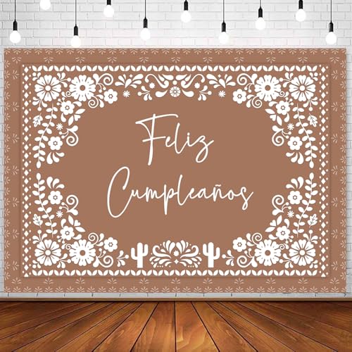 Withu Floral Feliz Cumpleaños Backdrop for Birthday Party Decorations Mexican Cake Table Wall Banner Mexico Flowers Cactus Cino De Mayo Carnival Fiesta Photography Background Brown 7x5ft - Image 1