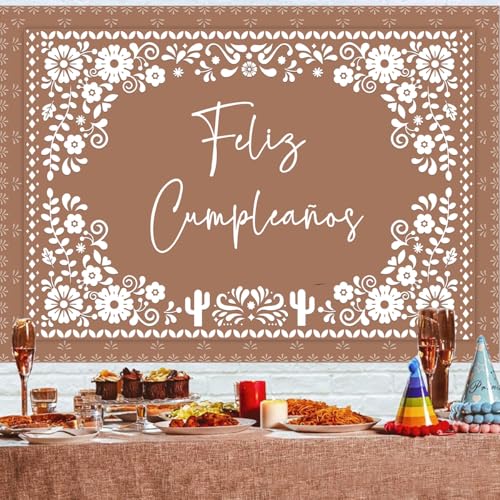 Withu Floral Feliz Cumpleaños Backdrop for Birthday Party Decorations Mexican Cake Table Wall Banner Mexico Flowers Cactus Cino De Mayo Carnival Fiesta Photography Background Brown 7x5ft - Image 4