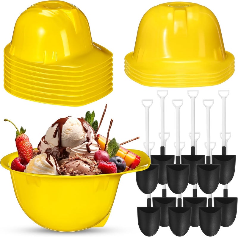 Uiifan 12 Sets Construction Hat Ice Cream Bowls Spoon Set Plastic Snacks Frozen Yogurt Cups with Spoons for Construction Theme Party Favor Kids Gifts Yellow - Image 1