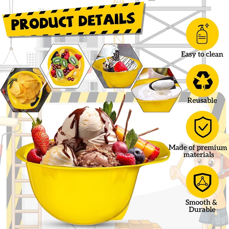 Uiifan 12 Sets Construction Hat Ice Cream Bowls Spoon Set Plastic Snacks Frozen Yogurt Cups with Spoons for Construction Theme Party Favor Kids Gifts Yellow - Image 3