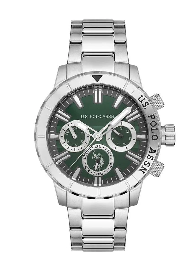 يو اس بولو اسن U.S. Polo Assn. Men's USPA1026-12 45mm Silver Case Watch with Rich Green Dial & Date Function - Versatile Modern Elegance for Day & Night