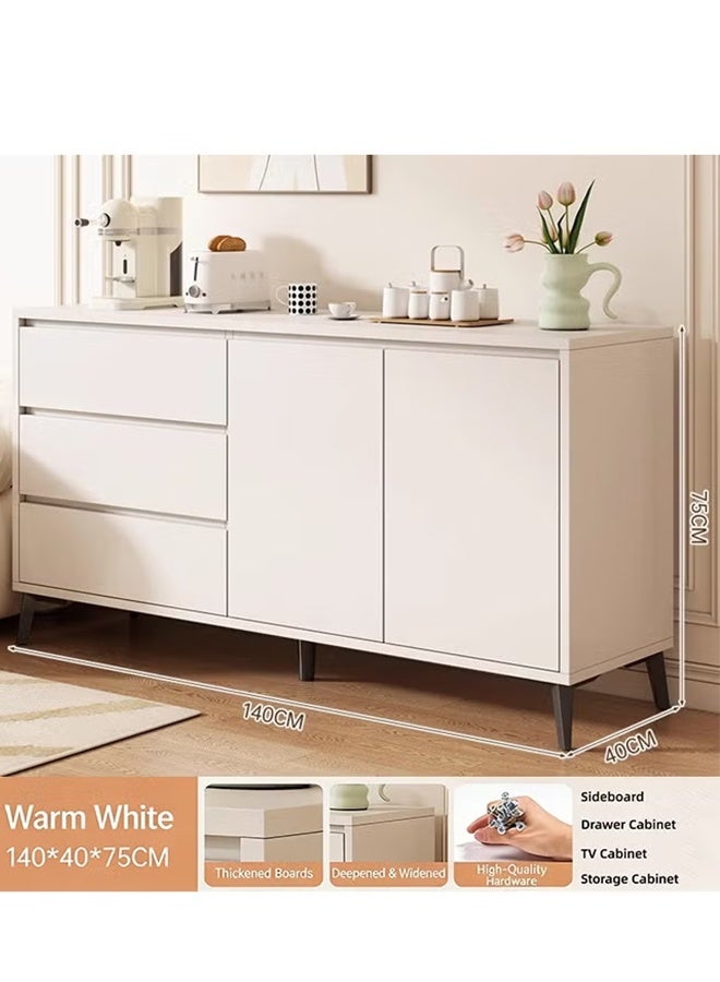 140cm White Sideboard Storage Cabinet, Modern TV Stand Buffet Cabinet with 3 Drawers & Large Cupboard, Multi-Purpose Console Table for Kitchen Living Room Bedroom 140 x 40 x 75 CM - Image 3