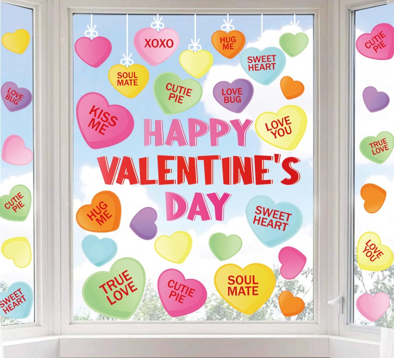 Whaline Happy Valentine's Day Window Clings Conversation Candy Heart Window Stickers Double-Side Glass Decals for Home Party Supplies  7.9 x 11.8 Inch  9 Sheets - Image 1