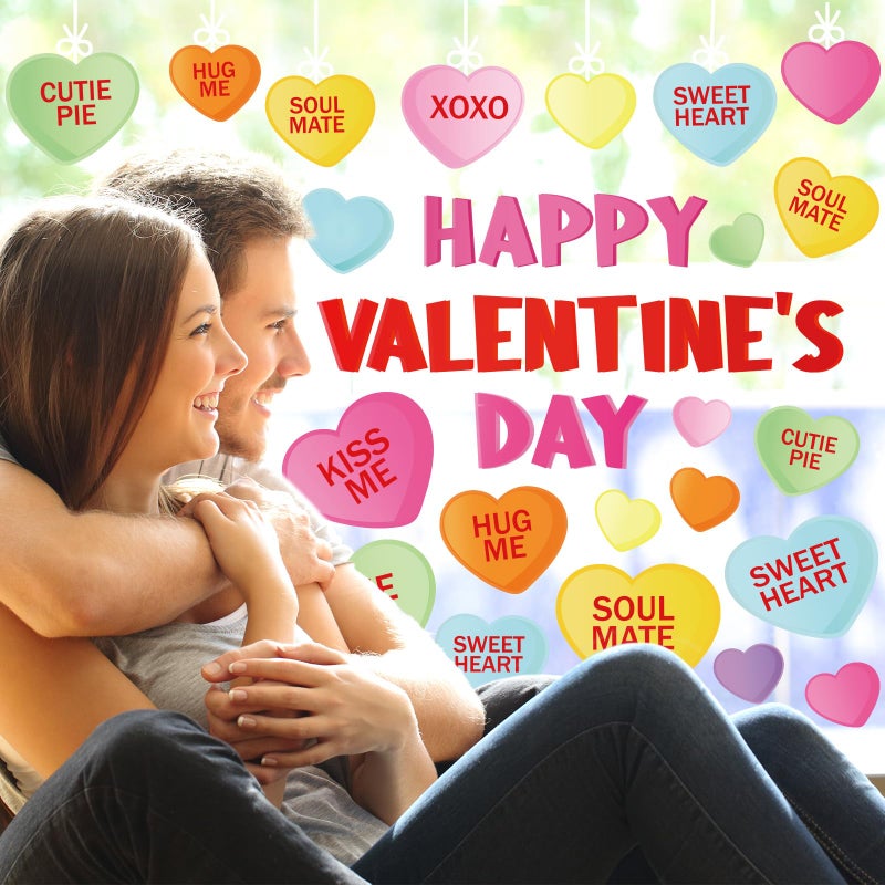 Whaline Happy Valentine's Day Window Clings Conversation Candy Heart Window Stickers Double-Side Glass Decals for Home Party Supplies  7.9 x 11.8 Inch  9 Sheets - Image 4
