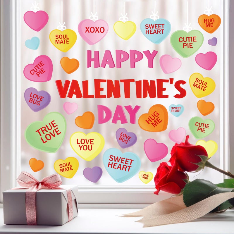 Whaline Happy Valentine's Day Window Clings Conversation Candy Heart Window Stickers Double-Side Glass Decals for Home Party Supplies  7.9 x 11.8 Inch  9 Sheets - Image 2