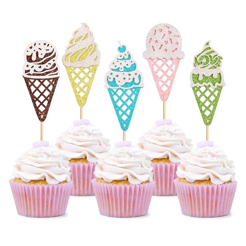 Ercadio 25 Pack Ice Cream Cupcake Toppers Glitter Cupcake Picks for Baby Shower Birthday Summer Hawaii Theme Party Cake Decorations Supplies Ice Cream 8 - Image 1