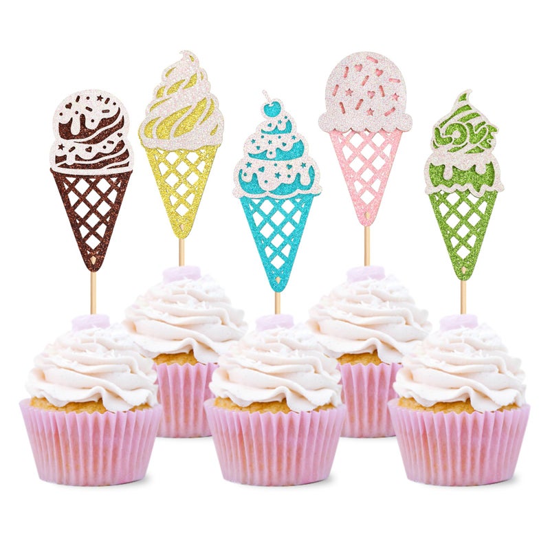 Ercadio 25 Pack Ice Cream Cupcake Toppers Glitter Cupcake Picks for Baby Shower Birthday Summer Hawaii Theme Party Cake Decorations Supplies Ice Cream 8 - Image 3