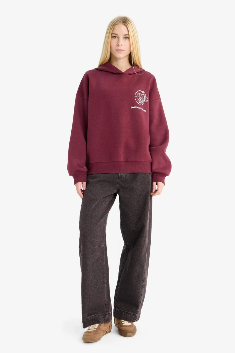 DeFacto Overshirt Fit Hooded Printed Thick Sweatshirt