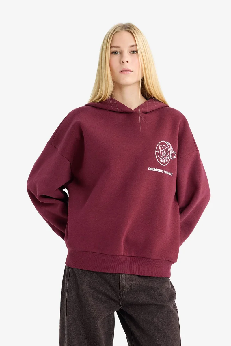 DeFacto Overshirt Fit Hooded Printed Thick Sweatshirt