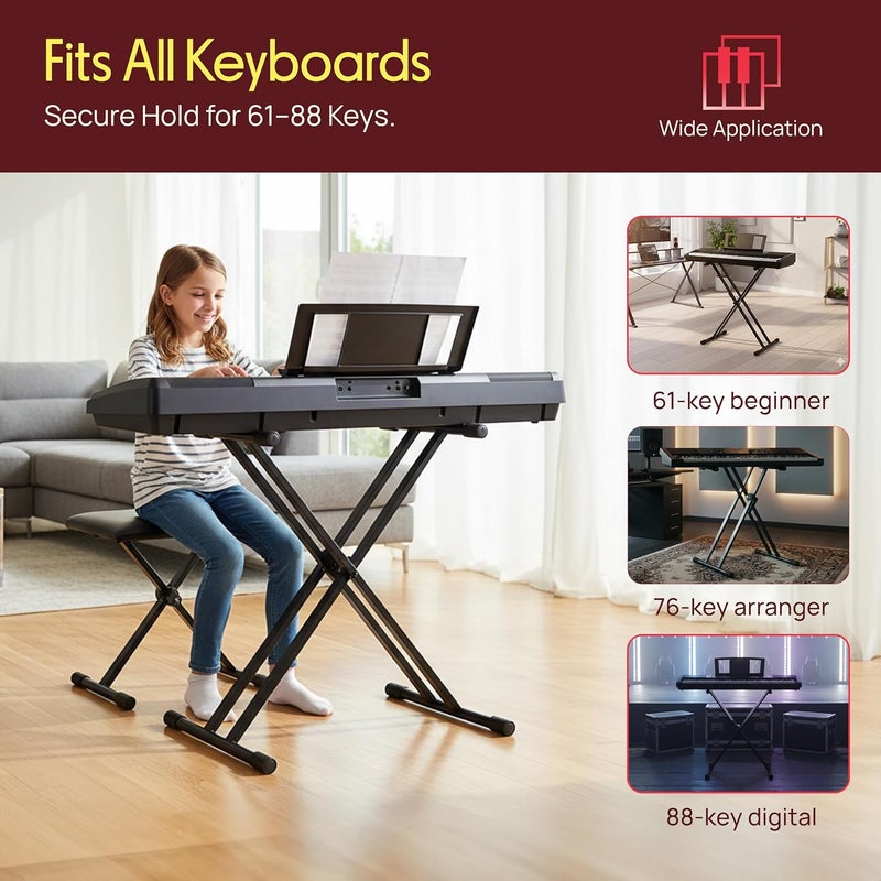 Pyle Universal Heavy-Duty X Style Piano Stand, Adjustable Height, Foldable Digital Piano Holder Rack, Anti-Slip Rubber Foot Caps - Great for Studio & Standing Performances - Image 2