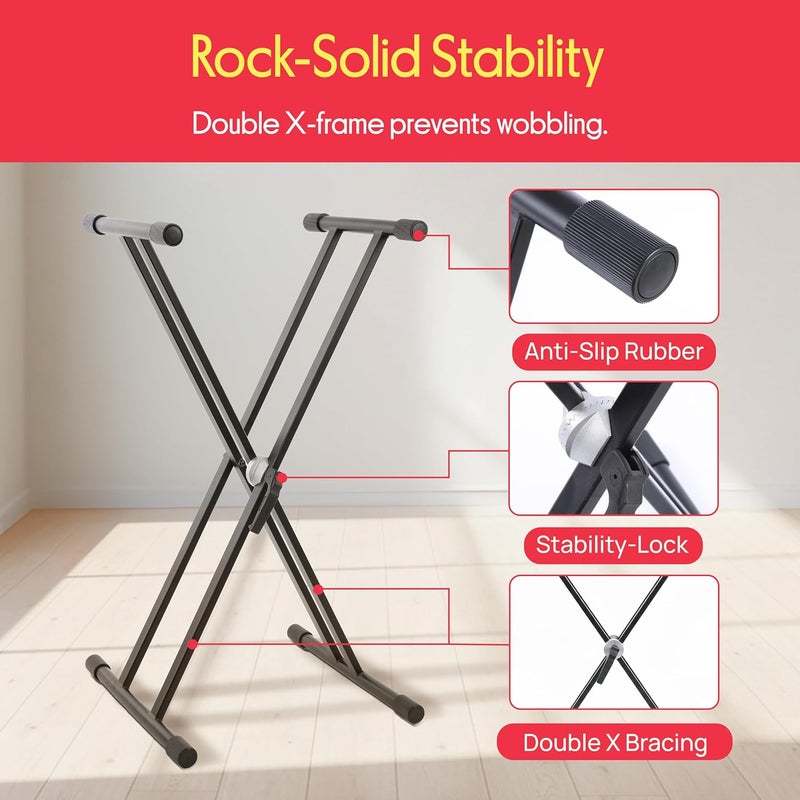 Pyle Universal Heavy-Duty X Style Piano Stand, Adjustable Height, Foldable Digital Piano Holder Rack, Anti-Slip Rubber Foot Caps - Great for Studio & Standing Performances - Image 5