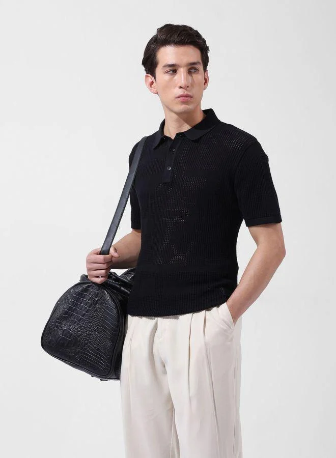 The Indian Garage Co Men Slim Fit Textured Polo Neck Half Sleeves T-Shirt