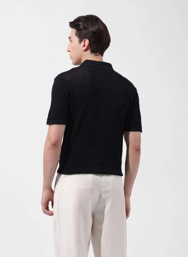 The Indian Garage Co Men Slim Fit Textured Polo Neck Half Sleeves T-Shirt