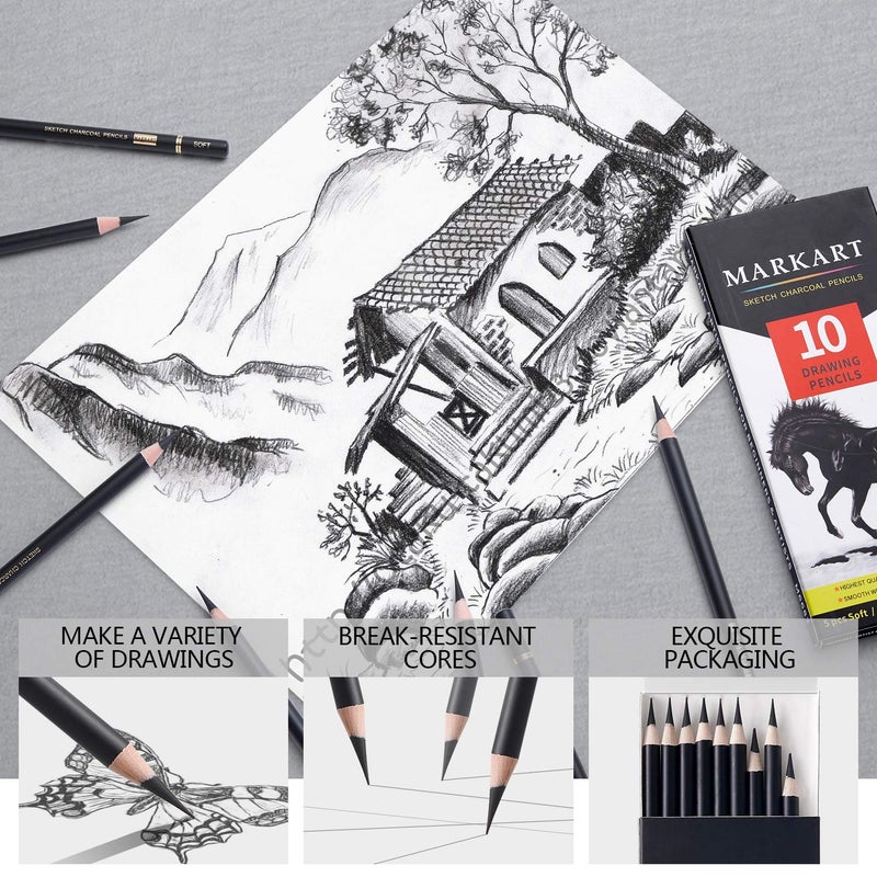 MARKART Professional Charcoal Pencils Drawing Set - 10 Pieces Soft Medium and Hard Charcoal Pencils for Drawing, Sketching, Shading - Image 4