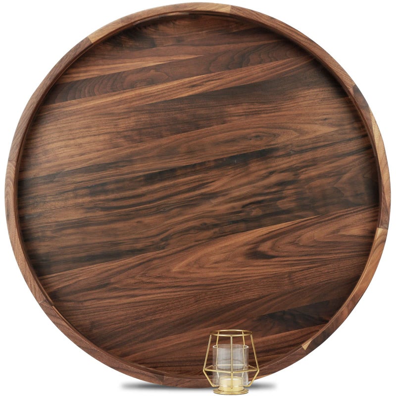 MAGIGO 26 Inches Extra Large Round Black Walnut Wood Ottoman Tray with Handles Serve Tea Coffee Classic Circular Wooden Decorative Serving Tray