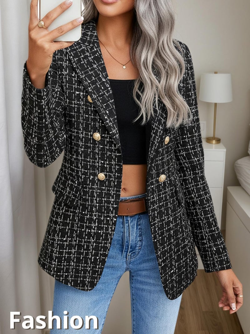 Mina Self Tweed Blazers Jacket for Women 2026 Fall Winter Casual Blazer Fashion Womens Long Lightweight Work Business Lady Double-Breasted Boyfriend Petite Suit Suits 3-P/Black M - Image 2