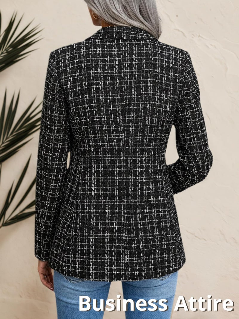 Mina Self Tweed Blazers Jacket for Women 2026 Fall Winter Casual Blazer Fashion Womens Long Lightweight Work Business Lady Double-Breasted Boyfriend Petite Suit Suits 3-P/Black M - Image 3