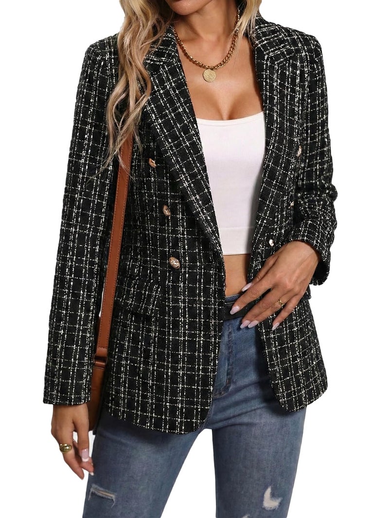 Mina Self Tweed Blazers Jacket for Women 2026 Fall Winter Casual Blazer Fashion Womens Long Lightweight Work Business Lady Double-Breasted Boyfriend Petite Suit Suits 3-P/Black M - Image 1
