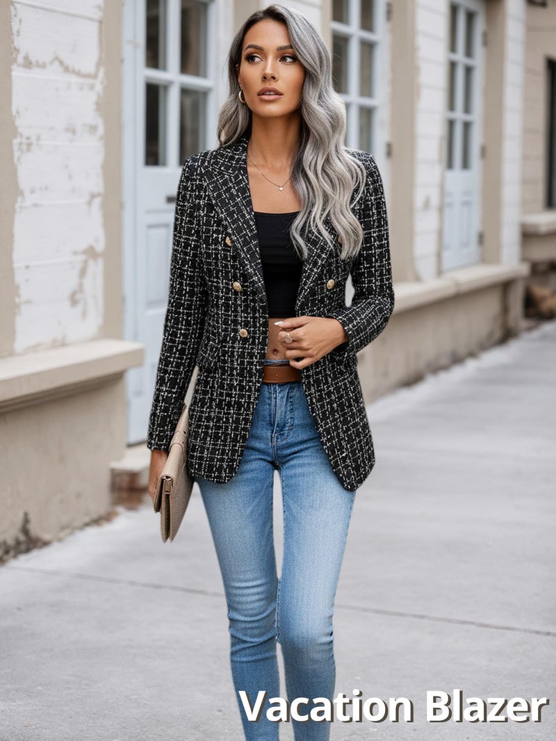 Mina Self Tweed Blazers Jacket for Women 2026 Fall Winter Casual Blazer Fashion Womens Long Lightweight Work Business Lady Double-Breasted Boyfriend Petite Suit Suits 3-P/Black M - Image 5
