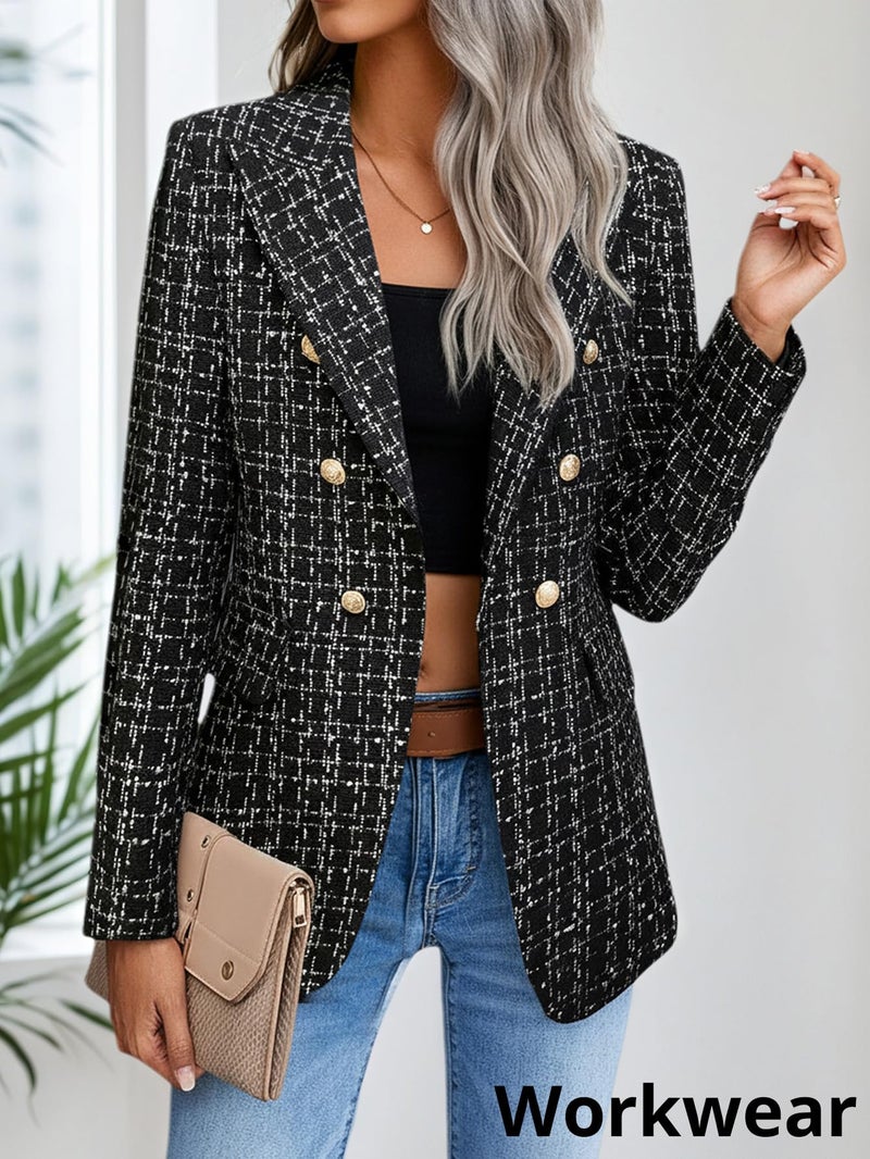 Mina Self Tweed Blazers Jacket for Women 2026 Fall Winter Casual Blazer Fashion Womens Long Lightweight Work Business Lady Double-Breasted Boyfriend Petite Suit Suits 3-P/Black M - Image 4