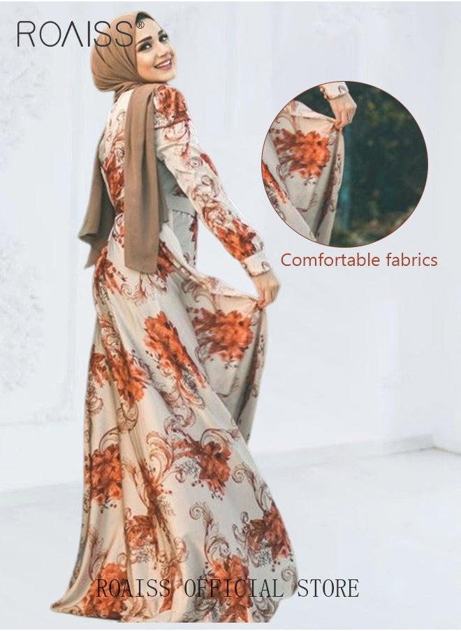 Middle Eastern Muslim Women Fashion Digital Print  Floral Belted Stylish  Round Neck High-Rise  Long Sleeve Slim Fit Maxi Dress  for Ladies Ramadan Eid al-Adha