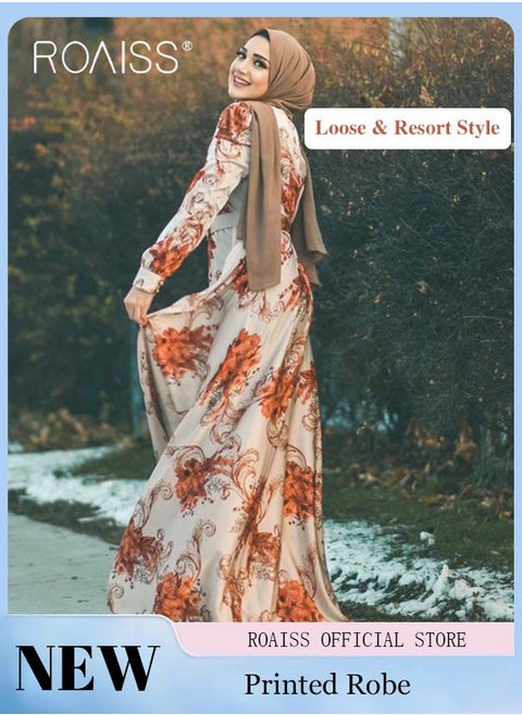 Middle Eastern Muslim Women Fashion Digital Print  Floral Belted Stylish  Round Neck High-Rise  Long Sleeve Slim Fit Maxi Dress  for Ladies Ramadan Eid al-Adha