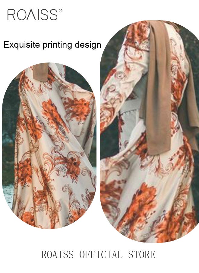 Middle Eastern Muslim Women Fashion Digital Print  Floral Belted Stylish  Round Neck High-Rise  Long Sleeve Slim Fit Maxi Dress  for Ladies Ramadan Eid al-Adha