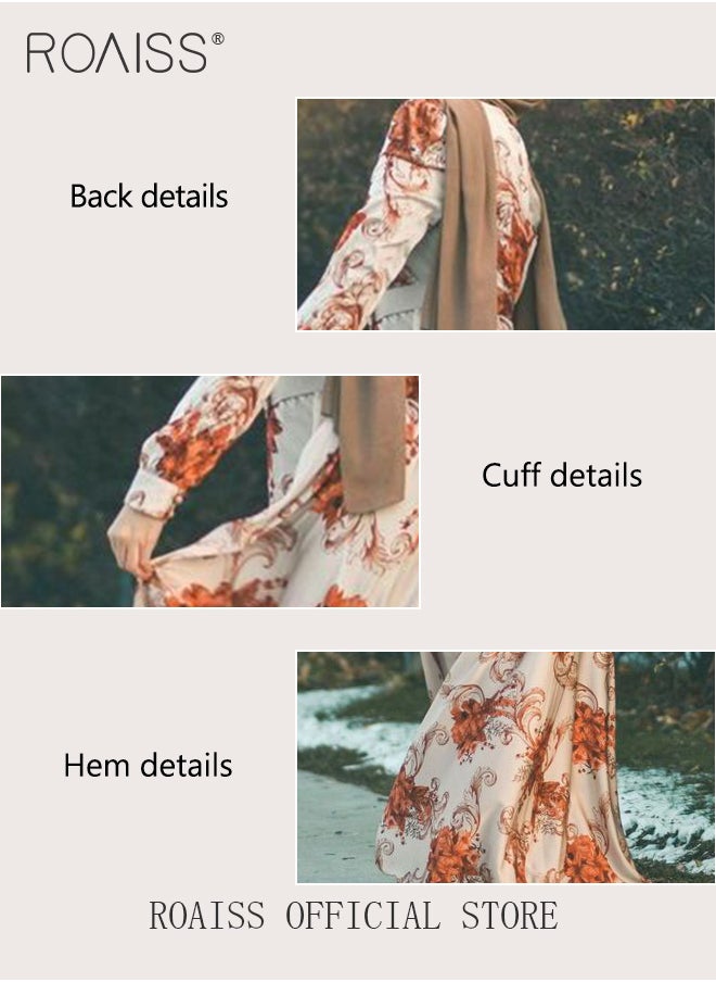 Middle Eastern Muslim Women Fashion Digital Print  Floral Belted Stylish  Round Neck High-Rise  Long Sleeve Slim Fit Maxi Dress  for Ladies Ramadan Eid al-Adha
