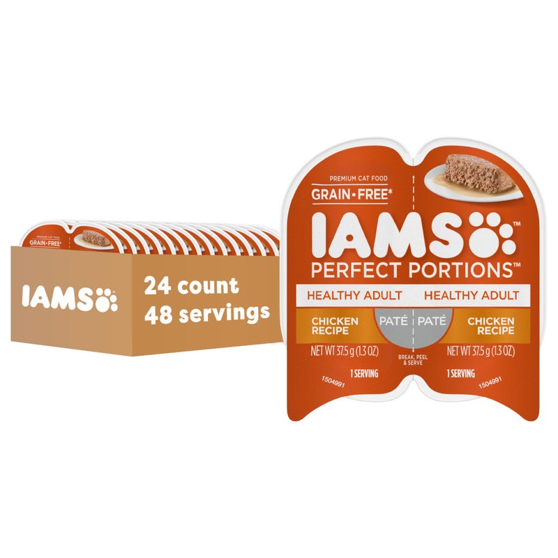 IAMS Perfect Portions Healthy Adult Grain Free Wet Cat Food Pate, Chicken Recipe, 2.6 oz. Easy Peel Twin-Pack Trays (24 Count, 48 Servings) - Image 1