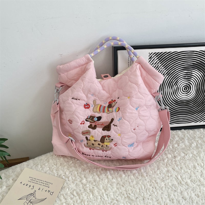 49272 Cartoon Embroidered Soft Cute Crossbody Bag Large Capacity Shoulder Handbag Quilted Cotton Commuter Handbag - Image 1