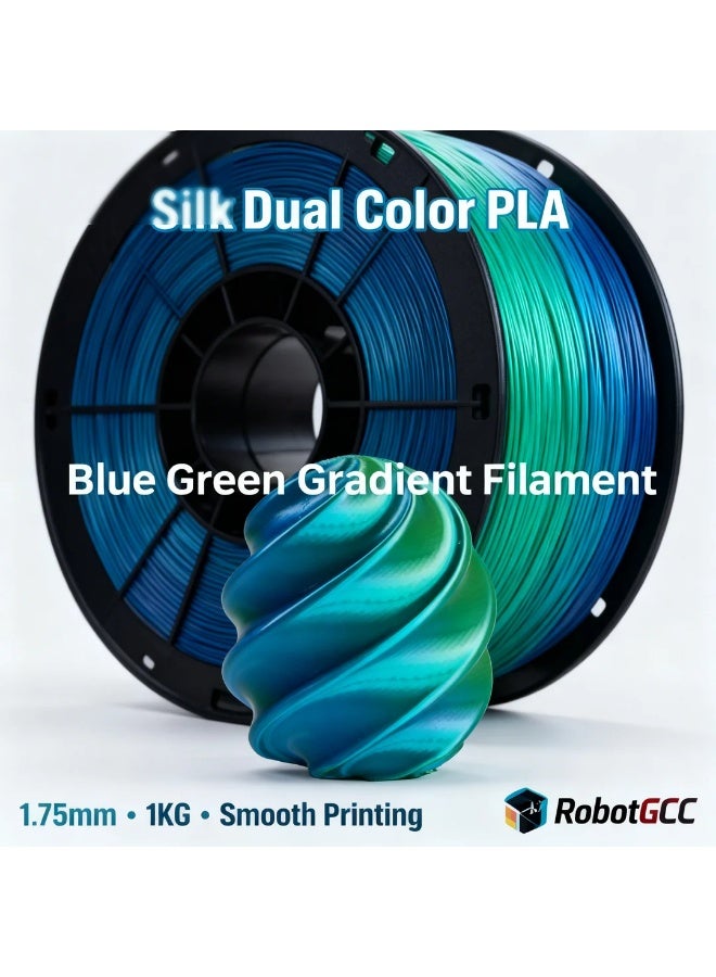 Silk Blue Green PLA 1.75mm 3D Printer Filament 1KG Dual Color Gradient PLA Filament Metallic Silk PLA Filament Blue Green Color Changing PLA Filament for FDM Printing Glossy Decorative PLA Filament Smooth Extrusion for Models Sculptures Cosplay Compatible with Most 3D Printe