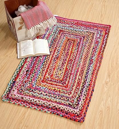 Goodie Jute Natural Reversible Rugs Round Braided Floor Carpet Mat for Living Room Bedroom Dining Office Restaurant 2 x 3 feet chindi Cotton  - Image 1