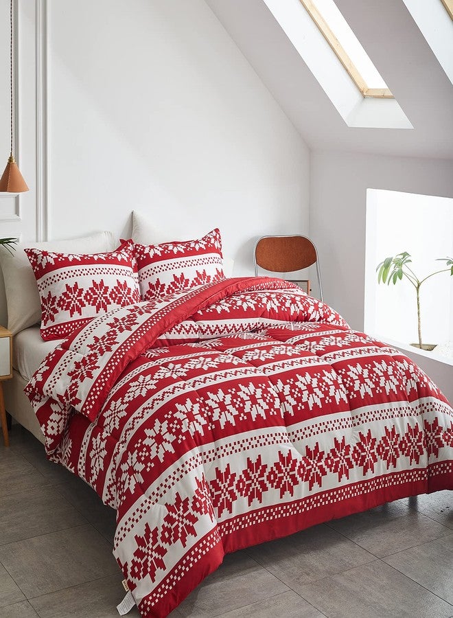 Flysheep Christmas Comforter Set 3 Pieces Queen Size 88x88 inches, Red and White Snowflake Reversible Design, Soft Microfiber Lightweight Bedding Sets for All Season - Image 4
