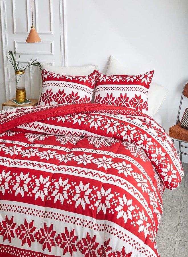Flysheep Christmas Comforter Set 3 Pieces Queen Size 88x88 inches, Red and White Snowflake Reversible Design, Soft Microfiber Lightweight Bedding Sets for All Season - Image 3