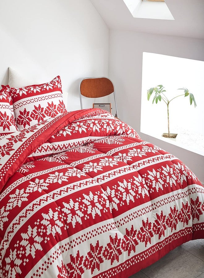 Flysheep Christmas Comforter Set 3 Pieces Queen Size 88x88 inches, Red and White Snowflake Reversible Design, Soft Microfiber Lightweight Bedding Sets for All Season - Image 2