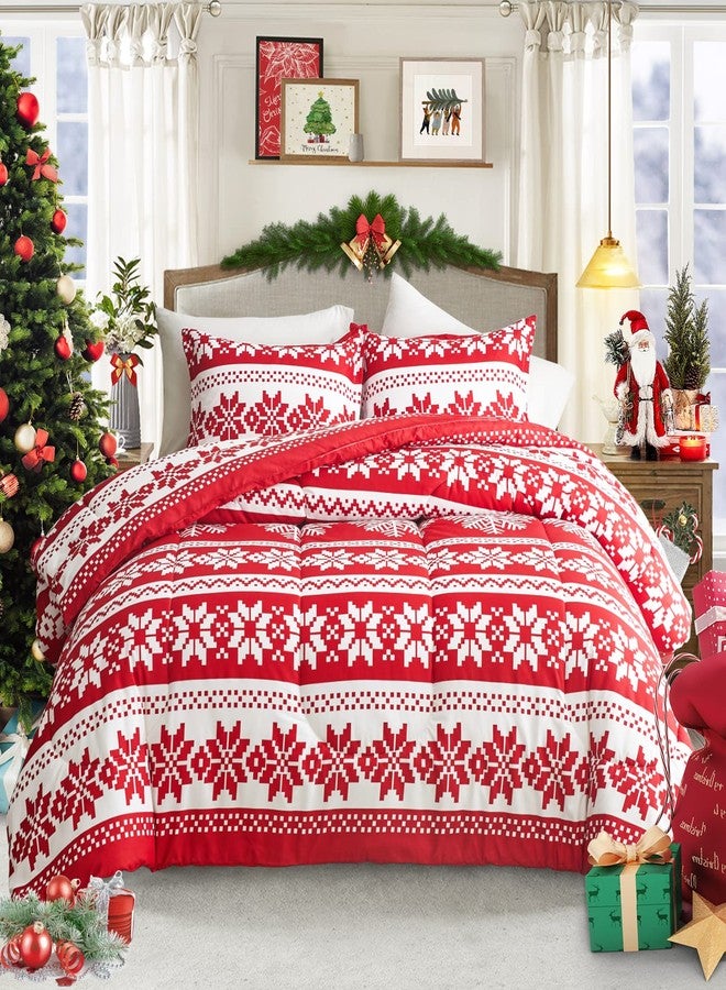 Flysheep Christmas Comforter Set 3 Pieces Queen Size 88x88 inches, Red and White Snowflake Reversible Design, Soft Microfiber Lightweight Bedding Sets for All Season - Image 1