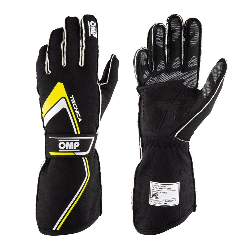 OMP Tecnica Racing Gloves, Black | Yellow, Size S [US 9] - Image 1