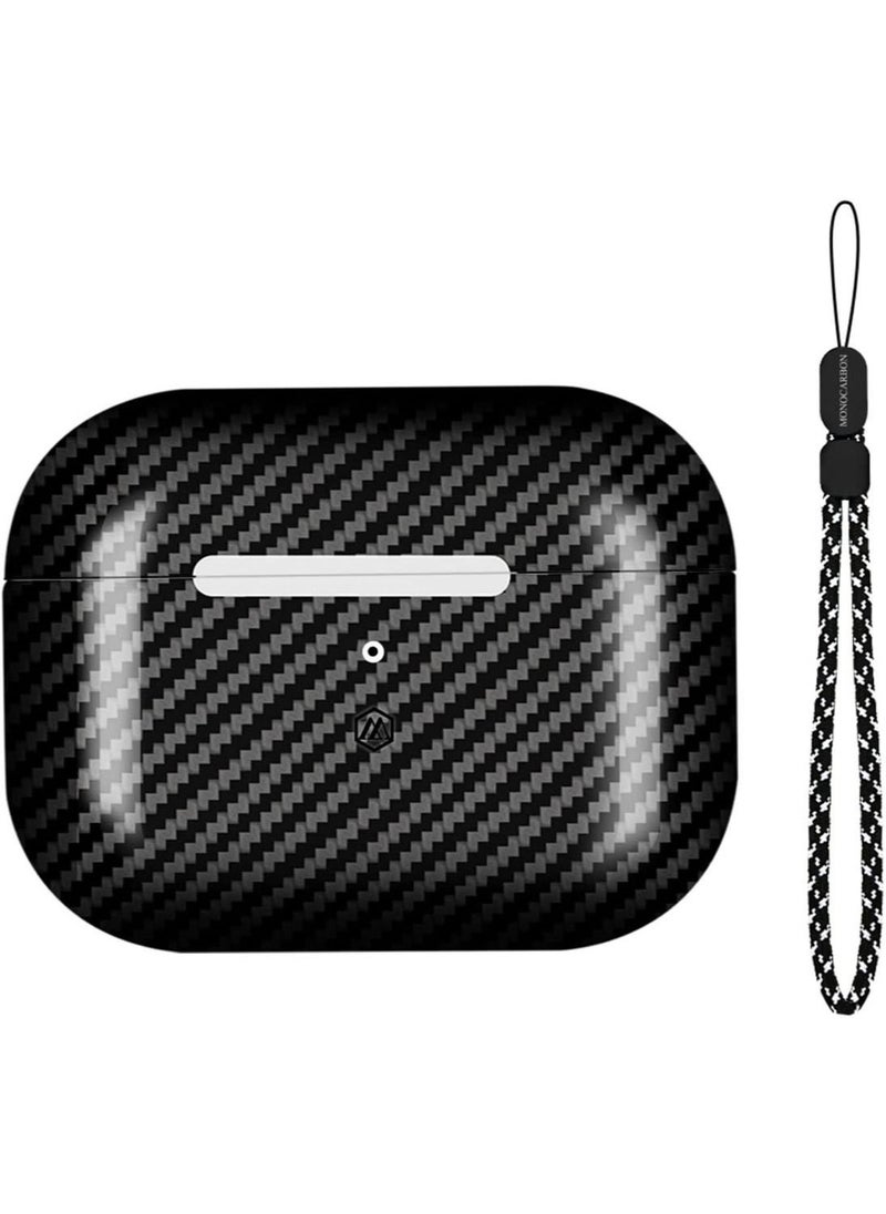 MONOCARBON Real Carbon Fiber for Airpods Pro 2nd Generation (2022) Airpods Pro 2 Case Cover with Lanyard - Glossy Black  - Image 1
